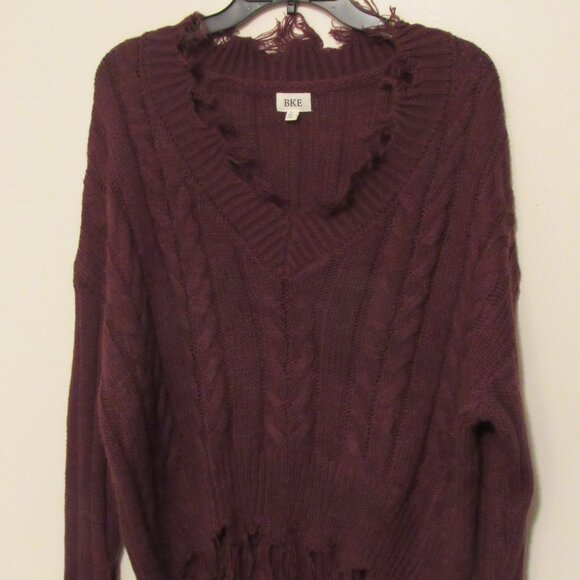 BKE Sweater Small V Neck Brown Destructed Cable Knit Frayed Pullover Oversize - Picture 2 of 7